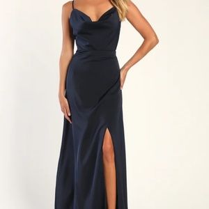 Unforgettable Love Blue Satin Cowl Neck Faux-Wrap Maxi Dress